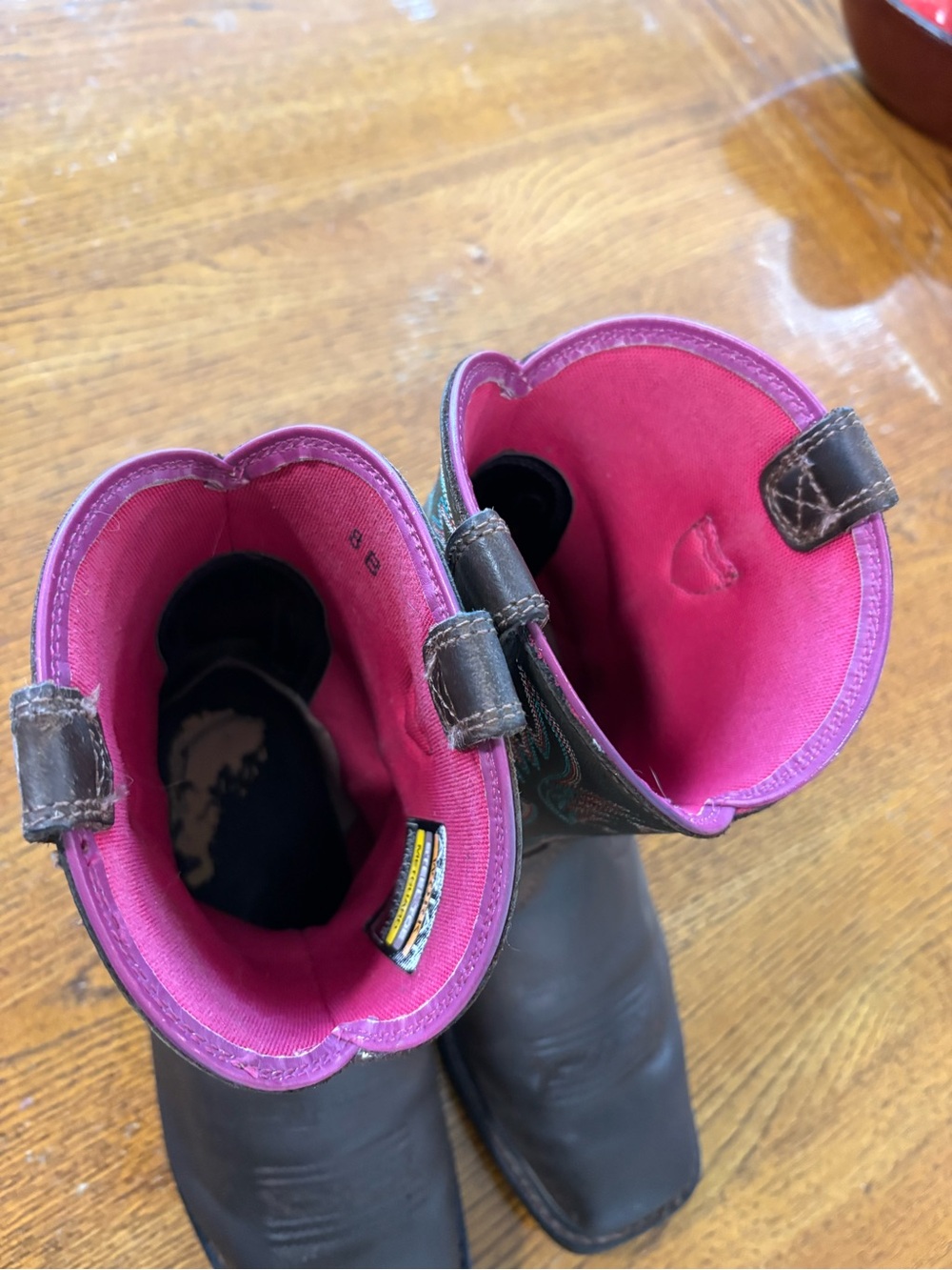 Ariat Brown Leather Western Boots with Pink Shaft Lining - Picture 6 of 7